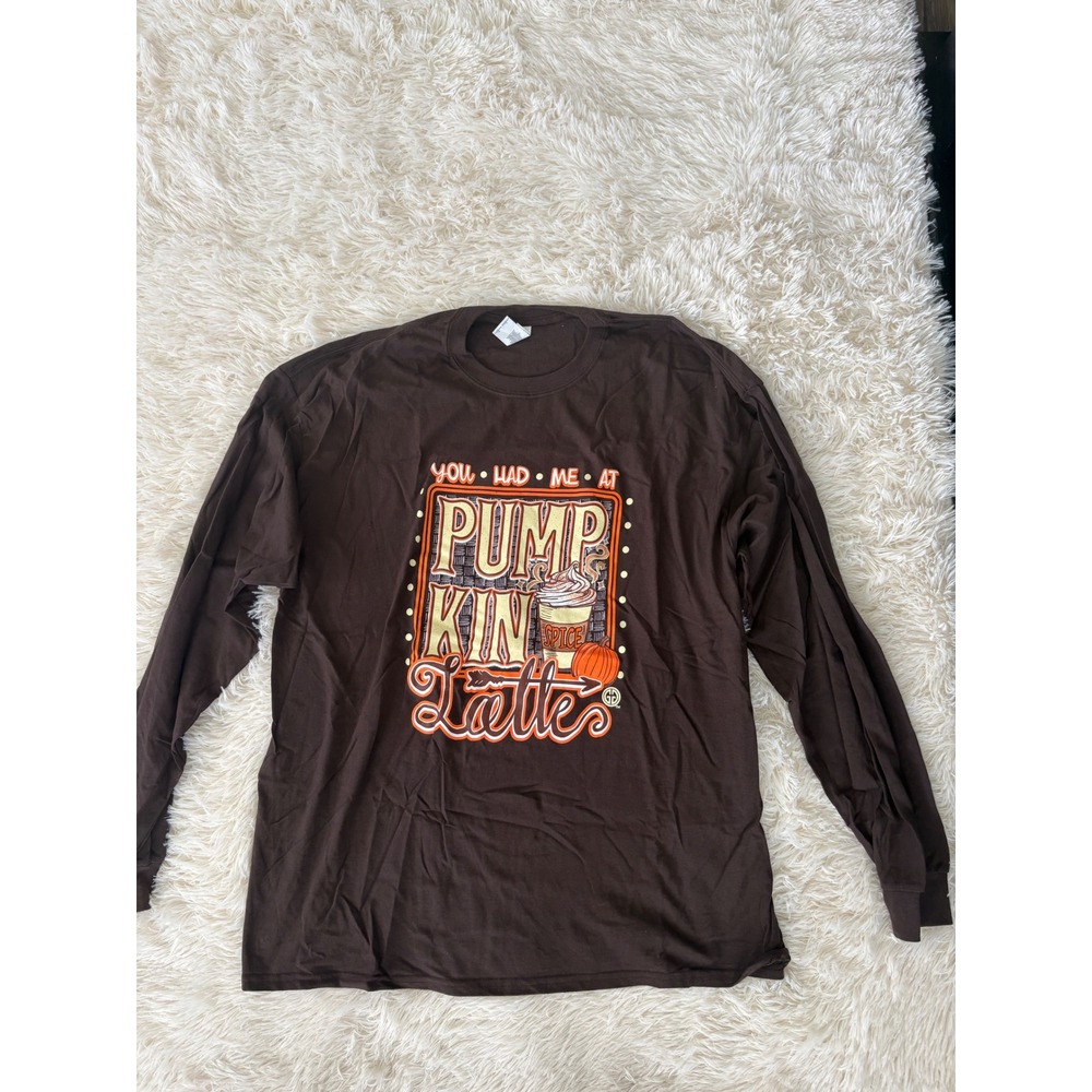 Womens Gildan‎ Pumpkin Spice Latte Brown Graphic Long Sleeve T-Shirt 2XL